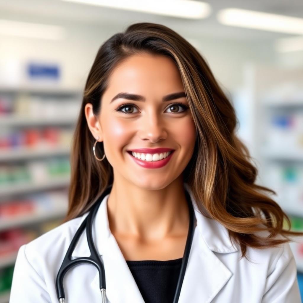 Profissional farmacêutica sorrindo em farmácia moderna